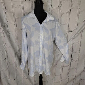 Banana Republic Light Blue White Floral Print Button Down‎ Shirt Blouse Womens L